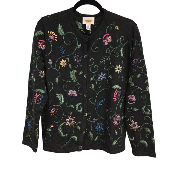 Talbots Sweaters - Vintage Talbots Black Embroidered Floral Button-Up Sweater Cardigan S Linen Cott